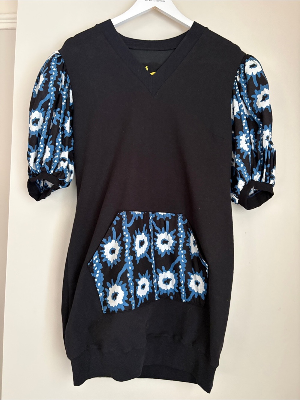 Black Mini Dress with Blue Floral Puff Sleeves and Pocket